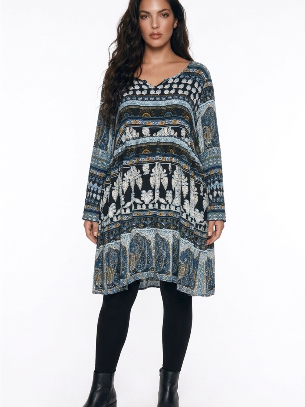 ONE WORLD • Paisley Boho Swing Dress Bell Sleeve Blue Black Women’s 2X